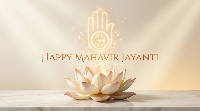 Mahavir jayanti celebration with lotus flower and auspicious hand symbol on beige background