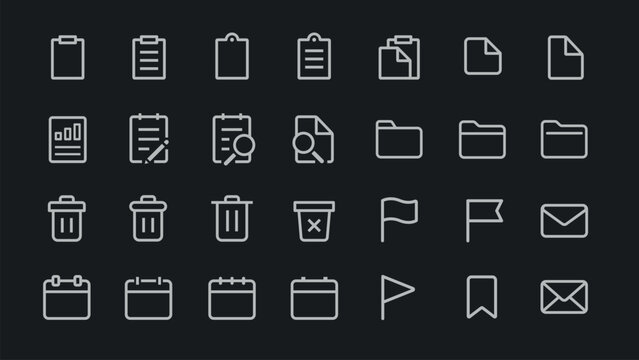 Minimalist icon set with folders, documents, and flags. Includes trash bins, calendars, and mail icons. Simple, clean design with folders and documents. User interface icons, UI icon vector set.