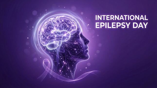 Purple silhouette of a human head with glowing brain for international epilepsy day awareness campaign
