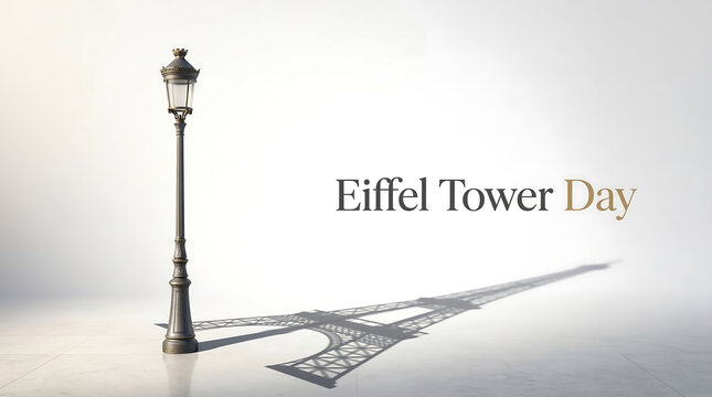 Eiffel tower shadow cast by street lamp on foggy day in paris