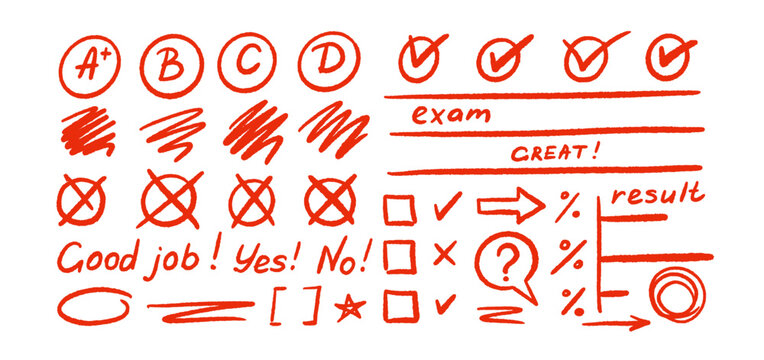 Red marker test results on paper with hand drawn check marks and grade symbol. School exam sheet showing pen scribbles, circles, crosses and handwritten score element for class evaluation. Vector set