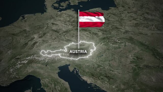 Austria Glowing Border Map Animation with 3D Waving of Austria National Flag animated on World Map View