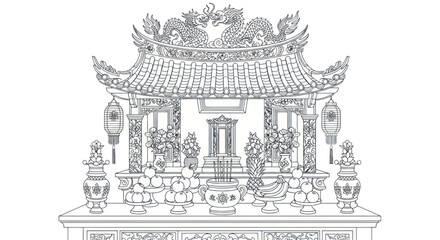 Traditional Asian Altar Shrine with Offerings and Dragon Roof - Line Art