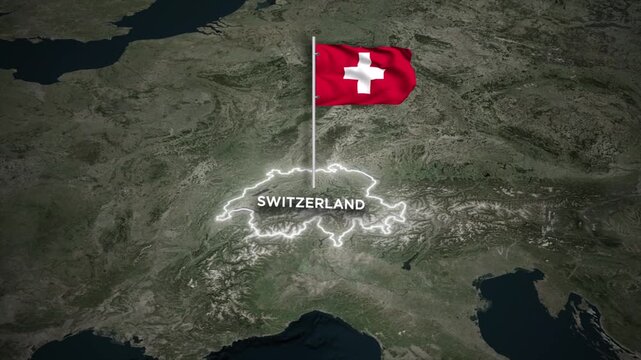 Switzerland Map Animation with 3D Waving of Switzerland National Flag Animation on Satellite Map View