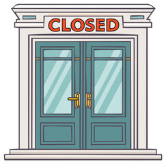 Obraz premium Illustrated Closed Sign on Ornate Double Doors of a Storefront Entrance Building