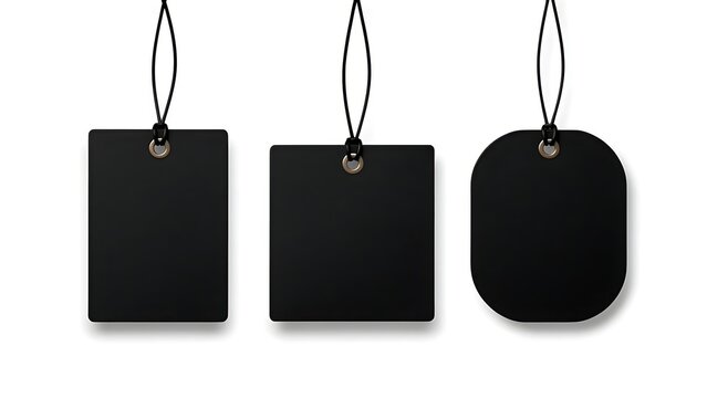 Blank Black Hang Tags Set with Metal Eyelets and Cord Isolated on White Background for Retail Branding