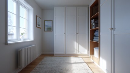 Obraz premium Helles Tageslicht im Altbau-Schlafzimmer mit modularem Kleiderschrank mit beschrifteten Teilen