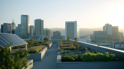 Fototapeta premium Rooftop garden with greenery and solar panels overlooking a modern city skyline at sunrise, showcasing urban agriculture and sustainable living practices