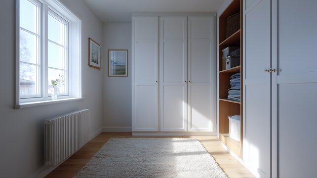 Helles Tageslicht im Altbau-Schlafzimmer mit modularem Kleiderschrank mit beschrifteten Teilen