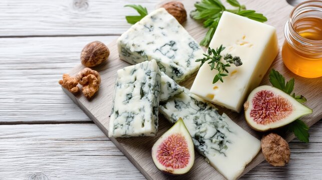 A cheese platter features figs and nuts on an oak board placed on a gray concrete table in a modern environment