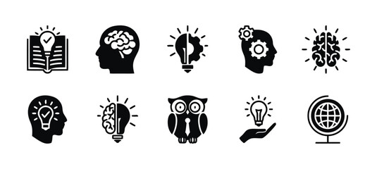 Silhouette icons representing concepts of intelligence education and creativity © Marjiya