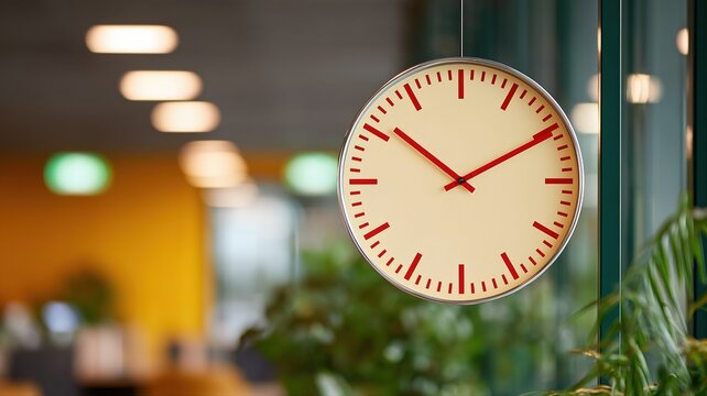 Kollaboratives B&uuml;roumfeld mit gro&szlig;er Uhr, die Zeitmanagement und Produktivit&auml;t im modernen Arbeitsbereich hervorhebt