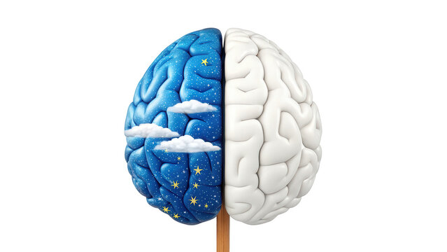 A split brain illustration symbolizing the contrast between sleep and wakefulness, representing the night sky and the day