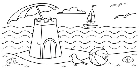 A detailed illustration of a lighthouse standing tall on a rocky shore with waves crashing nearby. © freelancemoment