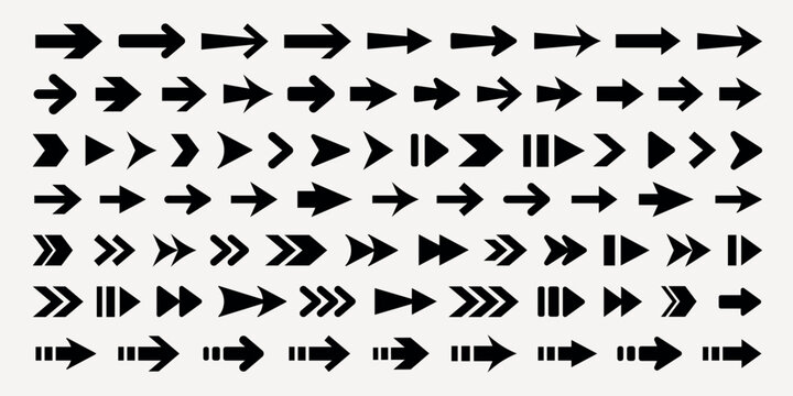 A collection of black arrows in various styles and directions on a grid background. Arrows pointing left, right, up, and down. Bold, geometric arrow designs. Element vector set.