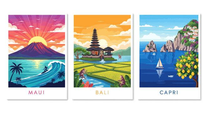 Pixel Art Travel Postcards: Maui, Bali, Capri