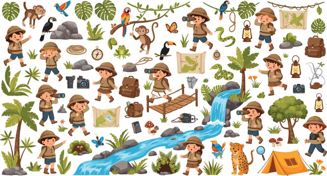 Kids Jungle Explorer Adventure Collection with Tropical Forest Animals, Waterfall Camp, Maps, Binoculars, and Cute Cartoon Children Wildlife Expedition Illustration Set
