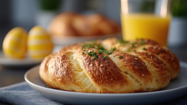 Gem&uuml;tlicher Osterfr&uuml;hst&uuml;ckstisch mit Hefezopf und bemalten Eiern im sanften Morgenlicht