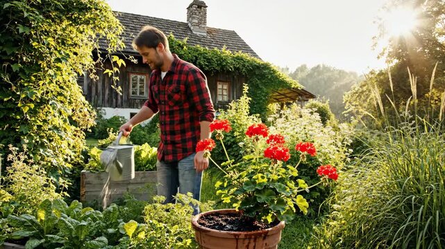 Adult man waters red geraniums in rustic garden at golden hour