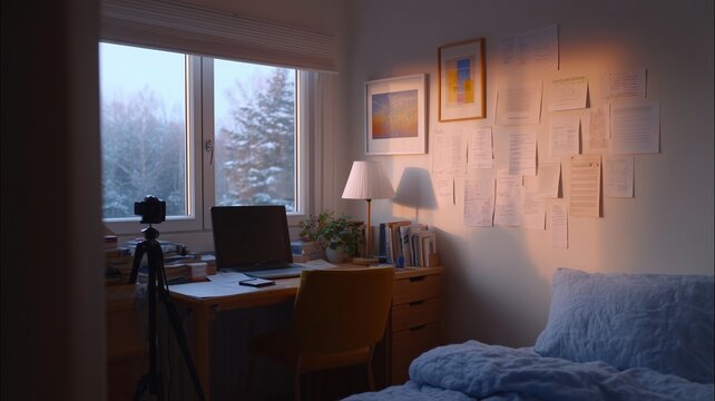 Kreatives Mikro-Studio-Setup im Berliner Schlafzimmer f&uuml;r ein Sneaker-Werbevideo mit minimalistischen, handgeschriebenen Notizen