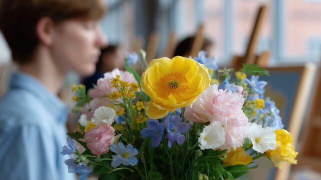 Kreative Werkstattszene mit einem farbenpr&auml;chtigen Blumenstrau&szlig;, der die k&uuml;nstlerische Atmosph&auml;re in dem hellen Raum unterstreicht