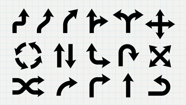 Set of black arrow icons on a grid background. Arrows point in various directions: up, down, left, right. Includes curved, straight, and crossed arrows. Element vector set.