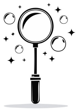 Black and white bubble wand with floating soap bubbles and sparkling stars