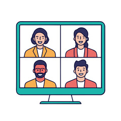 Fototapeta premium Online Video Conference Meeting with Diverse Team on Computer Screen – Remote Work Illustration