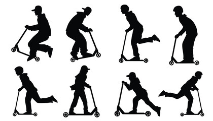 Naklejka premium Silhouettes of people performing tricks on scooters in dynamic poses