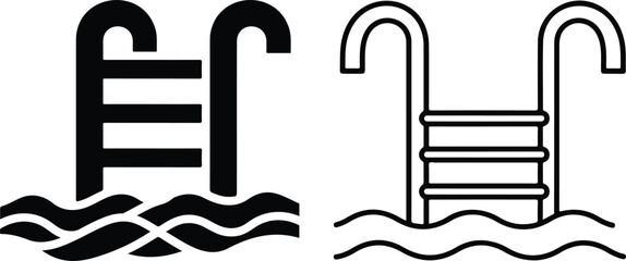 Black and white illustration of swimming pool ladders with water waves © Design Empire