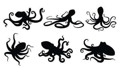 Six black silhouettes of octopuses in different poses for marine illustration © md
