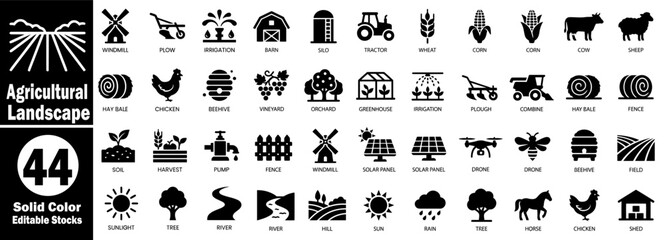 Naklejka premium Agricultural landscape solid icons set for farming and rural life vector illustrator.