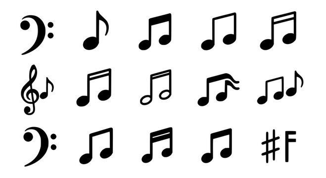 Notes musical icon set with black eighth notes and rests on white background featuring music icons, note symbols,
