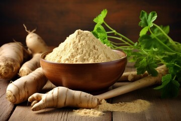 Fototapeta premium Maca root powder in a wooden bowl with fresh lepidium meyenii roots and green leaves