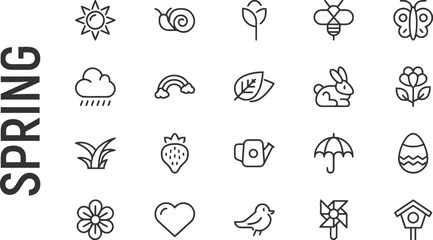 Spring icons set with sun, snail, tulip, bee, butterfly, rain cloud, rainbow, leaves, rabbit and egg © MuslimaHijabimodes