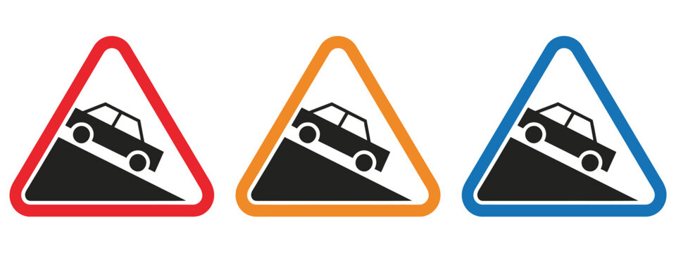 Steep uphill slope warning sign with moving car icon on mountain road, red triangle background, traffic safety sign, road hazard warning, and traffic rules information vector