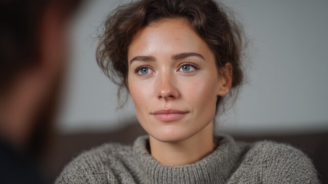 Konzentrierte Frau in einer Therapiesitzung: Kommunikation und Verst&auml;ndnis im Bereich der psychischen Gesundheit werden hervorgehoben