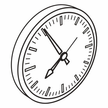 Perspective wall clock line art illustration showing seven o'clock position perfect for deadline reminders and daily schedule visualization graphics