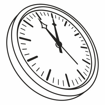 Angled view of a round wall clock with simple hour markers and classic hands pointing towards midnight or noon in clean black and white line art