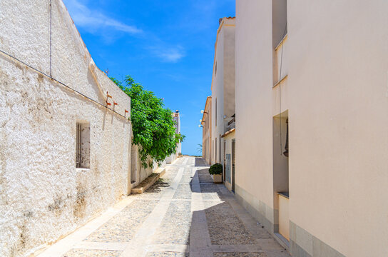 Typical old buildings traditional white houses on pedestrian empty street of Tabarca Island Nueva Tabarca Isla Plana village town in sunny summer day, Alicante province, Valencian Community, Spain