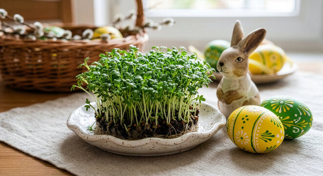 Wielkanocna rzeżucha na talerzu z pisankami i figurką zajączka.