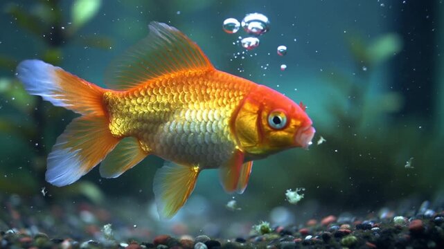 goldfish in a bright aquarium with pebbles and plants swimming gracefully stock video