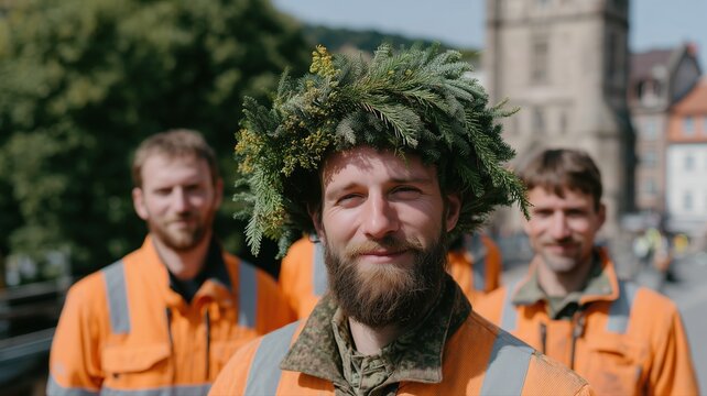 Deutsche Richtfestzeremonie mit Bauarbeitern, die im hellen Tageslicht unter einem Kranz posieren