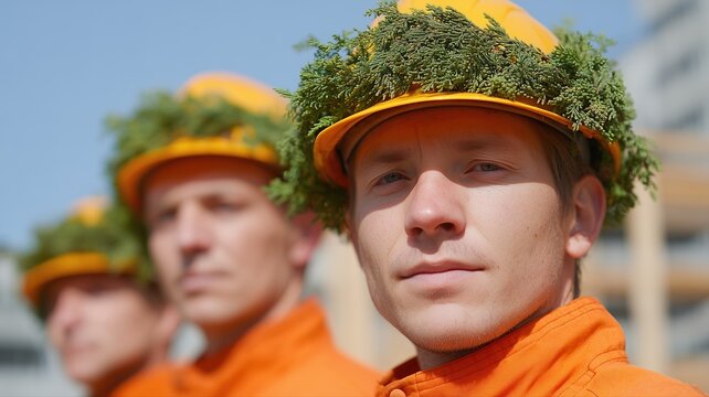 Deutsche Richtfestfeier mit Bauarbeitern und traditionellen Kr&auml;nzen bei hellem Tageslicht