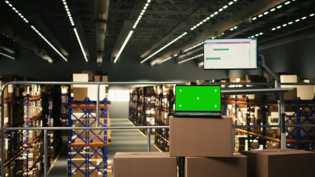 Mockup chroma key display in empty warehouse distribution center, monitor showcasing tracking numbers and parcel status updates. E-commerce logistics software for supply chain operations.