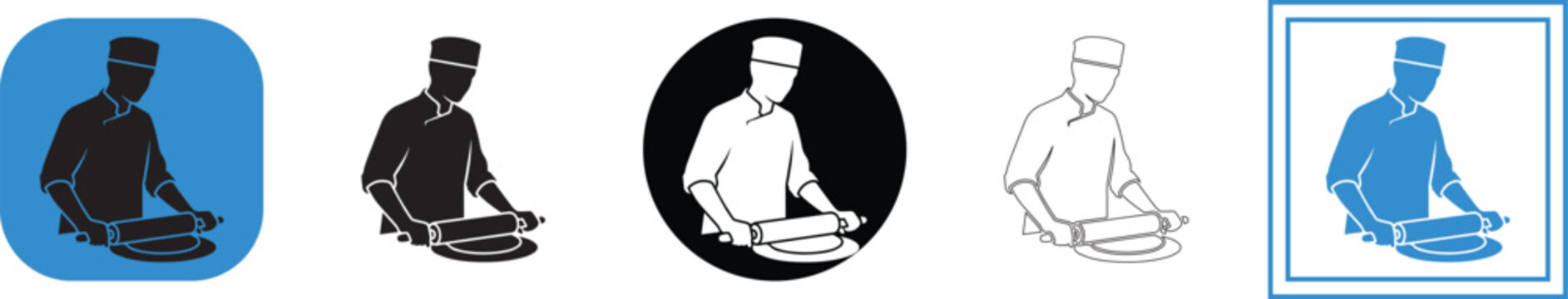A clean vector illustration depicting a professional chef wearing a traditional toque and uniform, diligently using a rolling pin to prepare fresh dough, symbolizing culinary artistry, baking passion