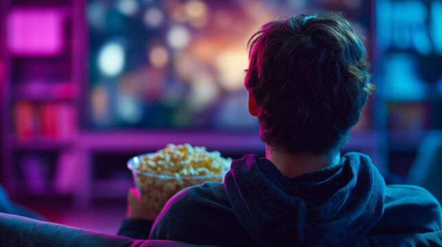 Man watching movie on tv with bowl of popcorn. Young viewer enjoying cinema show at home. Entertainment and leisure concept. Neon lighting atmosphere of modern living room interior.
