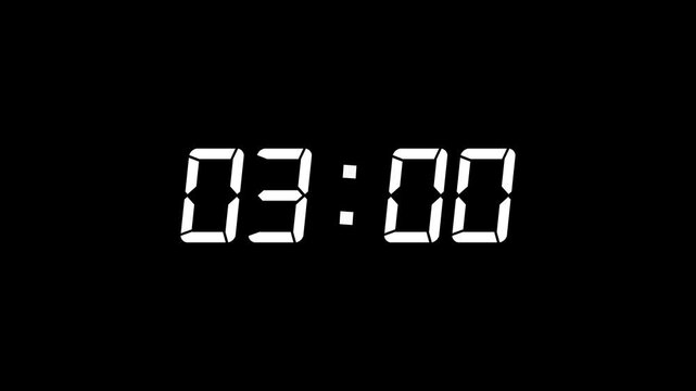 White color digital timer number icon animation . Digital clock with time 03 hours on black background.