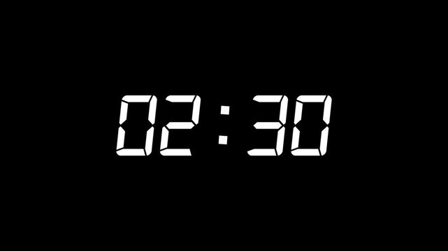 White color digital timer number icon animation . Digital clock with time 02 hours 30 minutes on black background.