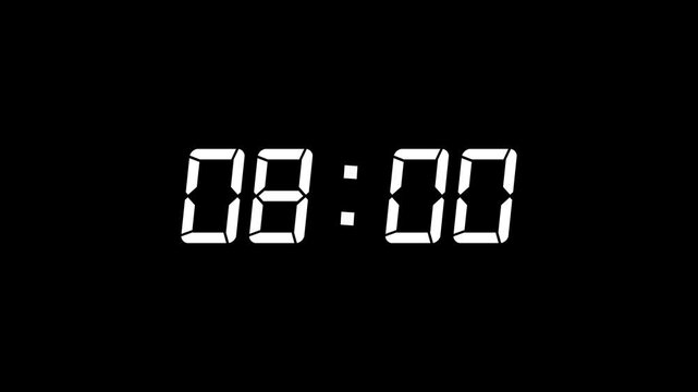 White color digital timer number icon animation . Digital clock with time 08 hours on black background.